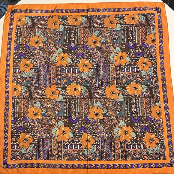 Square Silk Scarf 31” x 31” Orange / Purple Floral & Paisley Design - Picture 8 of 12